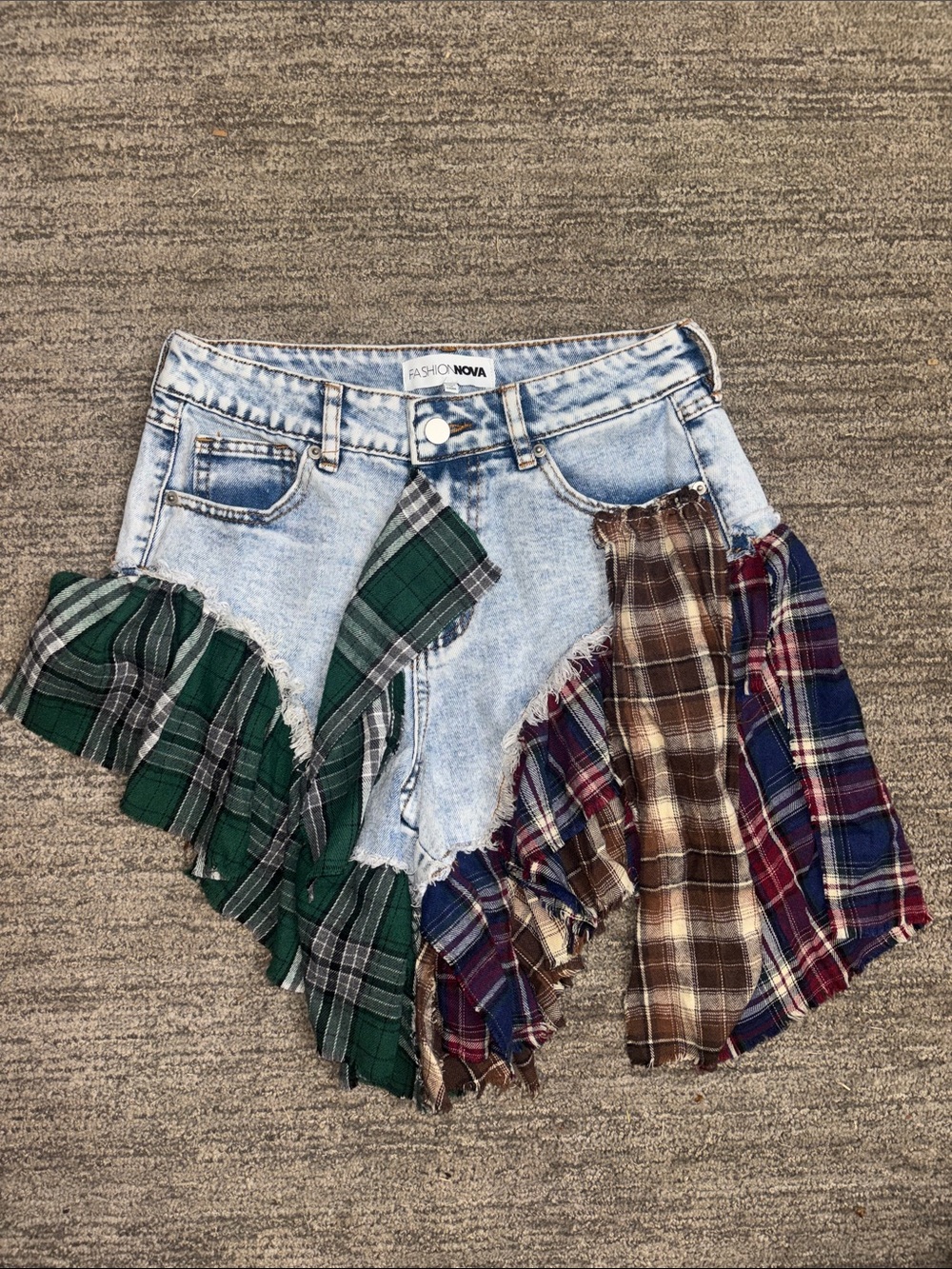 Fashion Nova Asymmetrical Patchwork Plaid Denim Shorts - Green, Brown, Blue